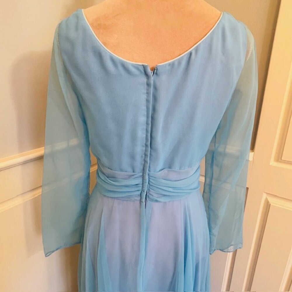 Vintage 70's Grecian Ethereal Chiffon Evening Gown Rhinestone Waist Ice Blue S - Picture 12 of 16